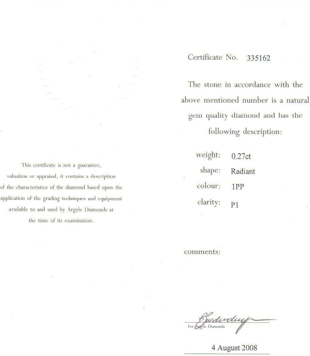 CERTIFIED ARGYLE Radiant Diamond 0.28ct 1PP P1