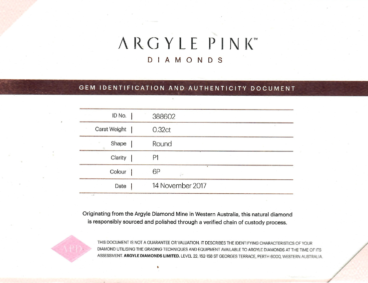 CERTIFIED ARGYLE Round Diamond 0.32ct 6P P1