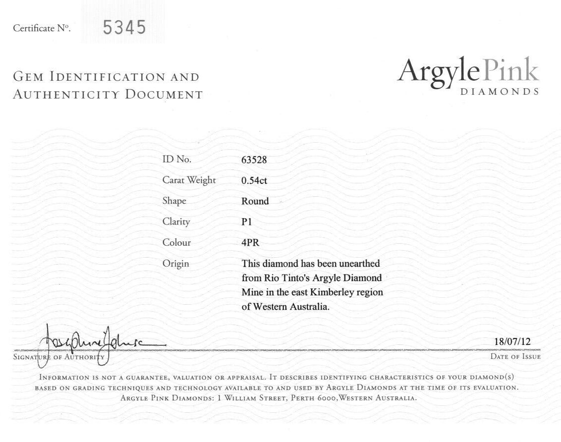 CERTIFIED ARGYLE Round Diamond 0.54ct 4PR P1