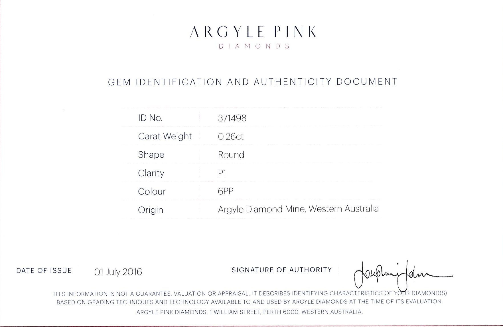 CERTIFIED ARGYLE Round Diamond 0.26ct 6PP P1 Argyle# 371498