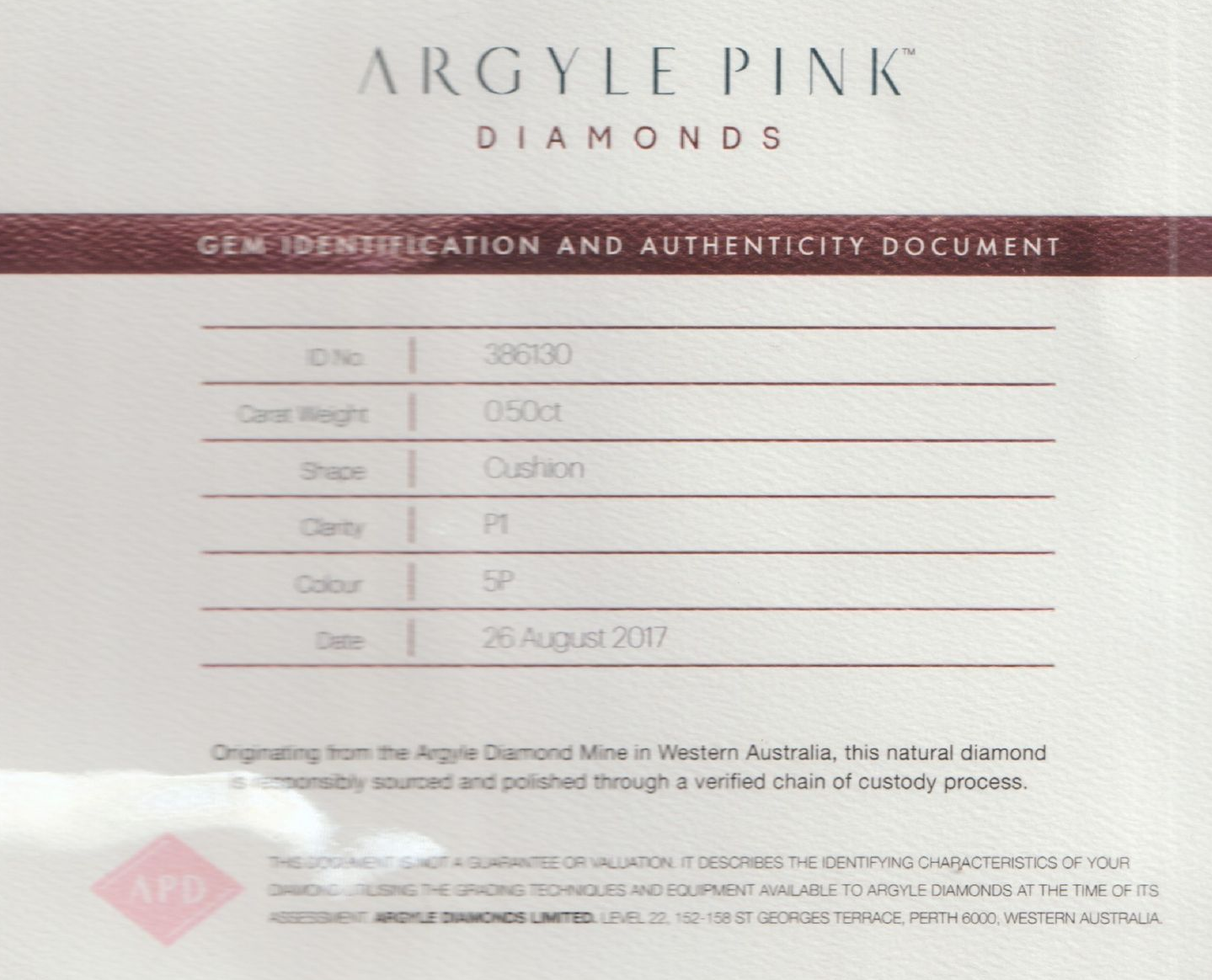 CERTIFIED ARGYLE Cushion Diamond 0.50ct 5P SI2
