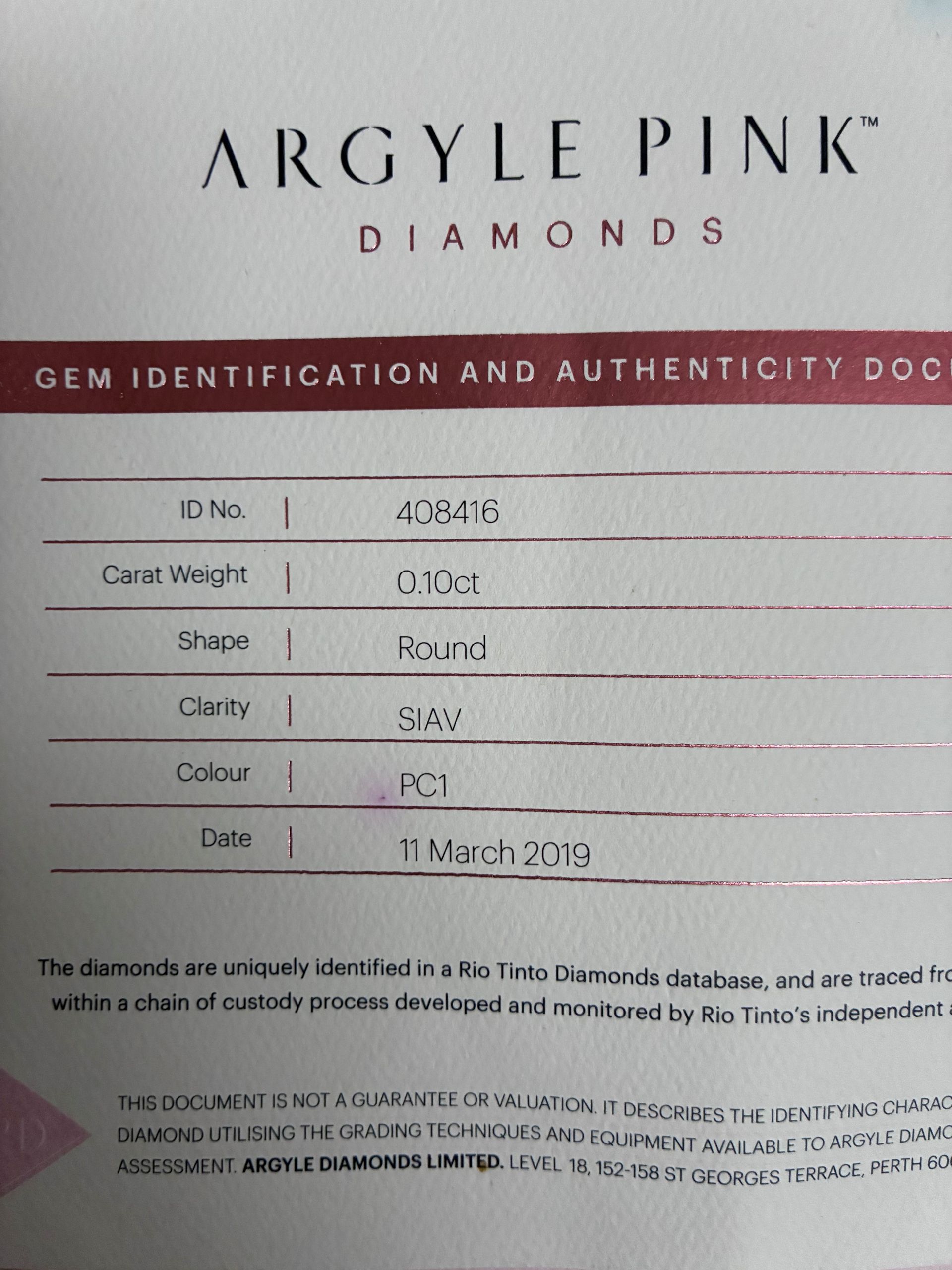 CERTIFIED ARGYLE Round Diamond 0.10ct PC1 SIAV