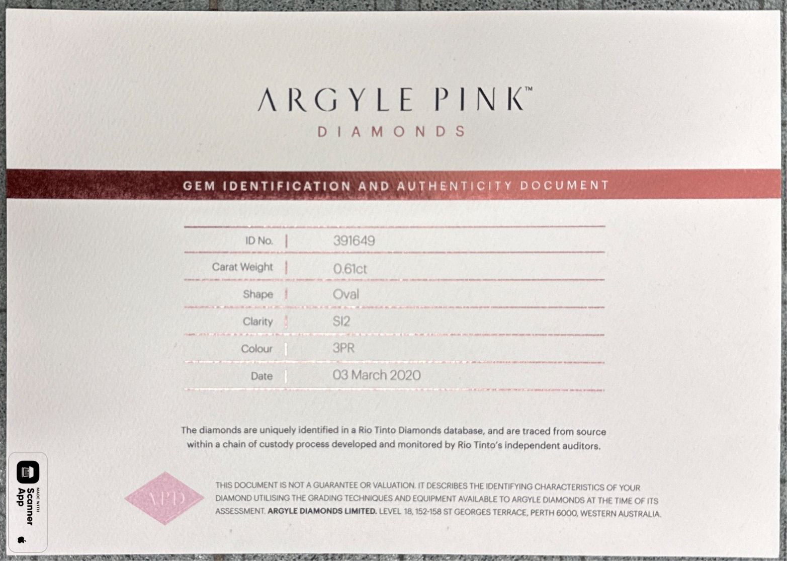 CERTIFIED ARGYLE Oval Diamond 0.61ct 3PR SI2