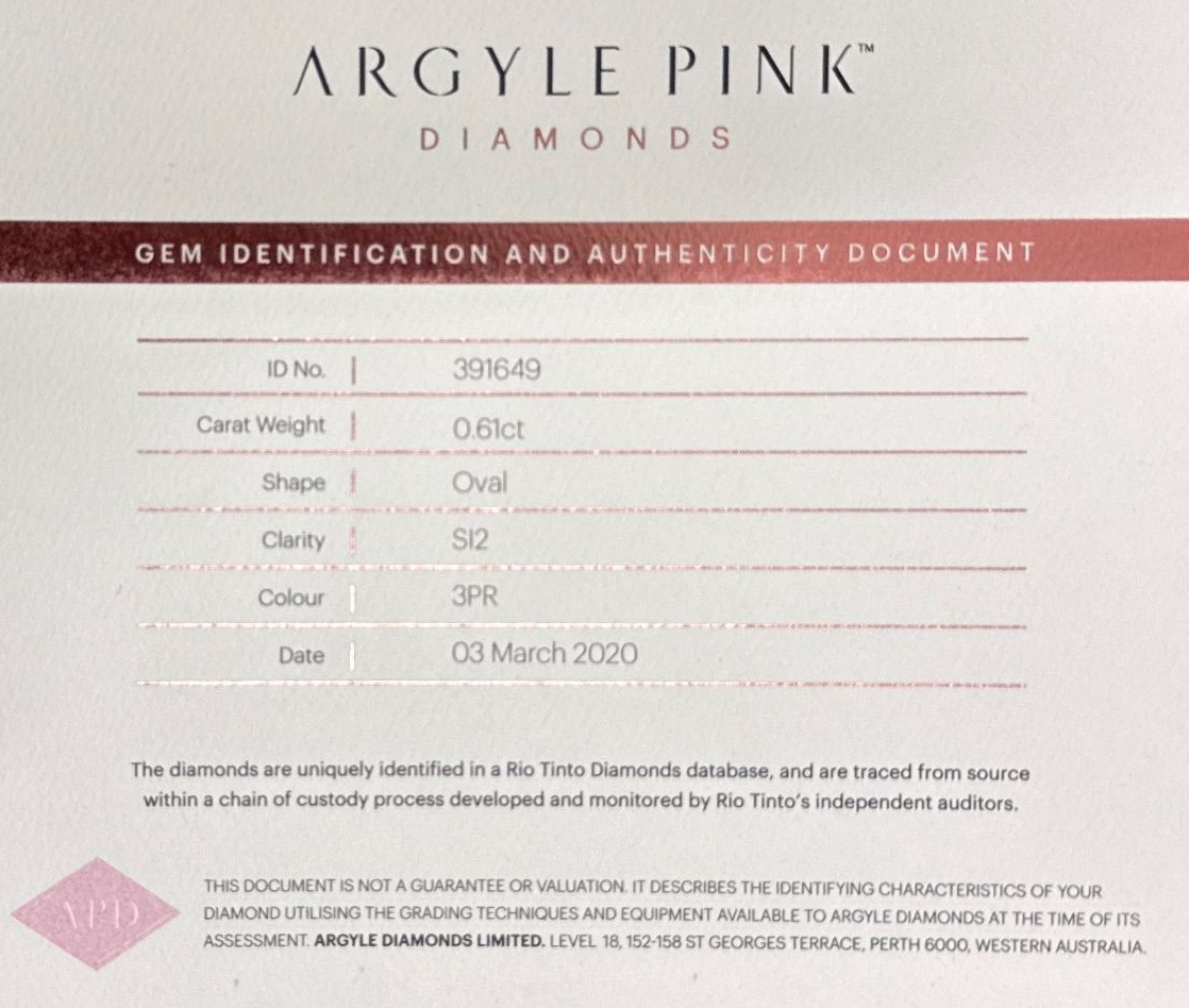 CERTIFIED ARGYLE Oval Diamond 0.61ct 3PR SI2