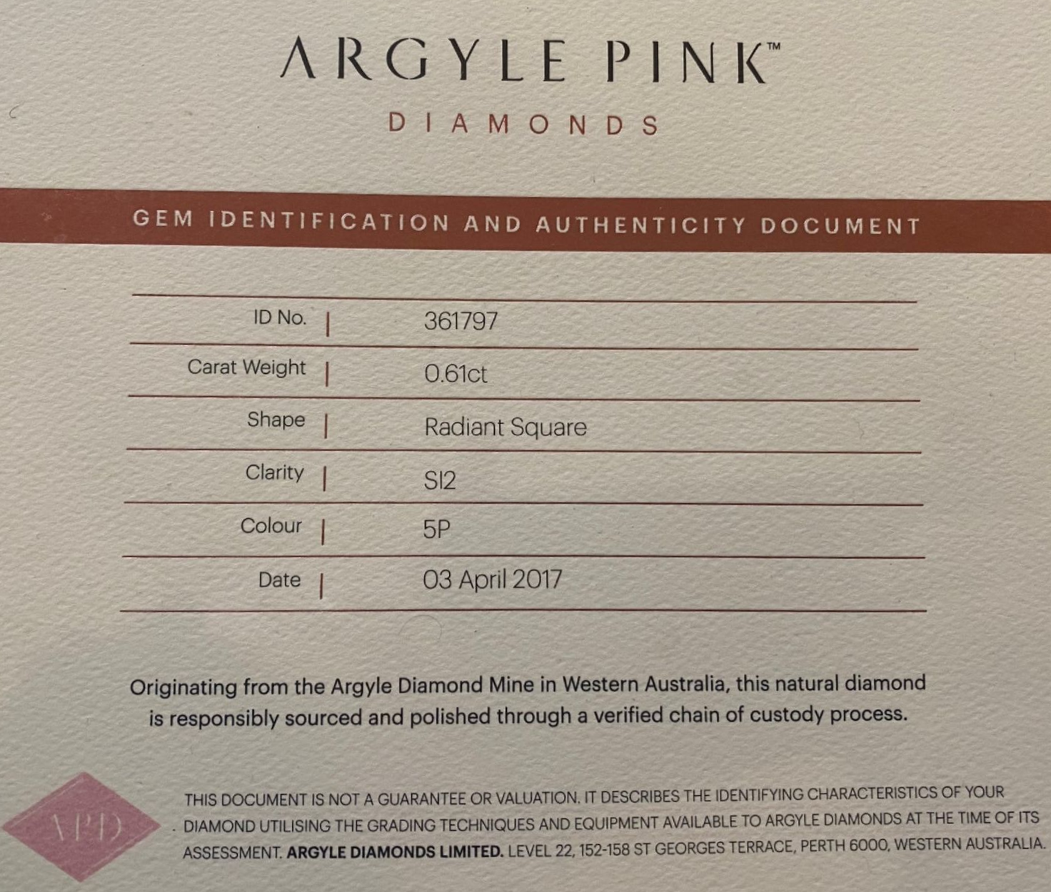 CERTIFIED ARGYLE Radiant Diamond 0.61ct 5P SI2/SI1 Tender Diamond