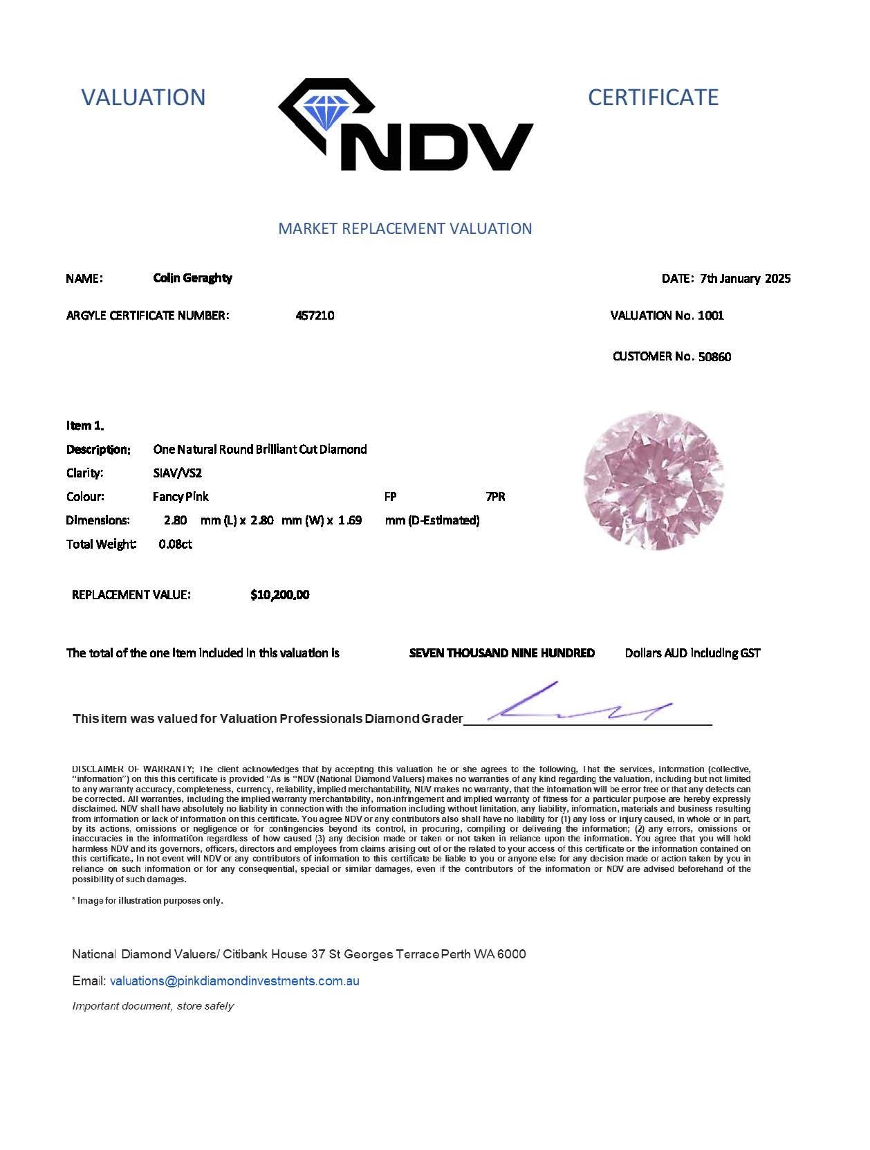 CERTIFIED ARGYLE Round Diamond 0.08ct 7PR SIAV