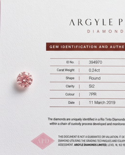 CERTIFIED ARGYLE Round Diamond 0.24ct 7PR SI2