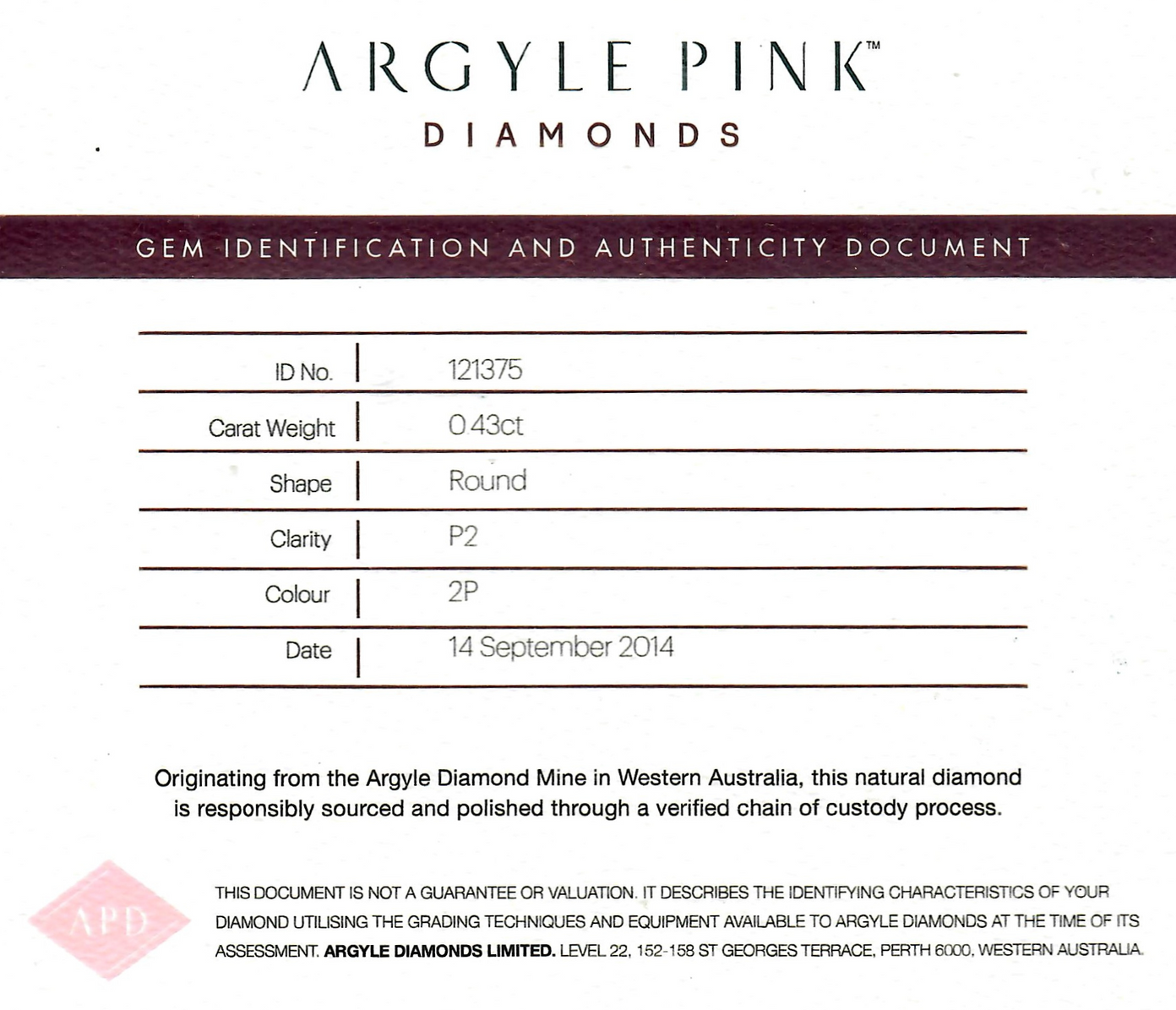 CERTIFIED ARGYLE Round Diamond 0.43ct 2P P2