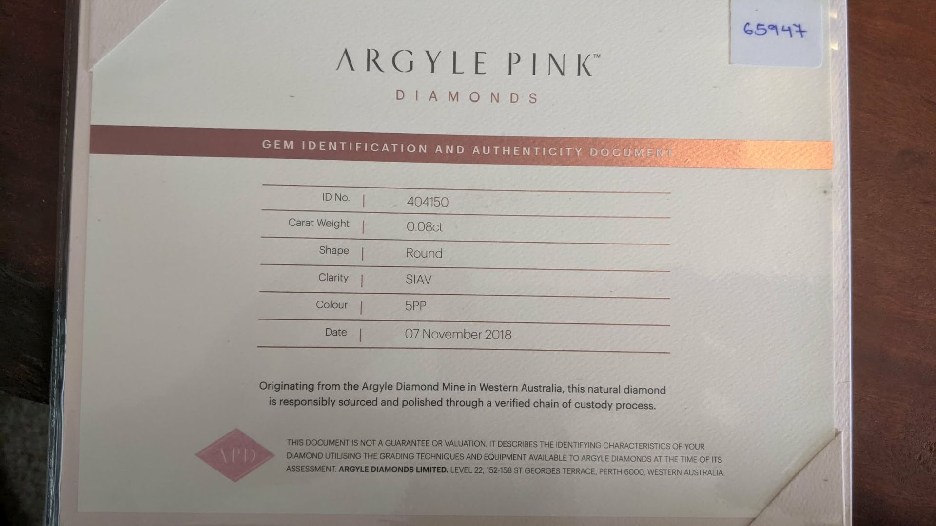 CERTIFIED ARGYLE Round Diamond 0.08ct 5PP SIAV 404150