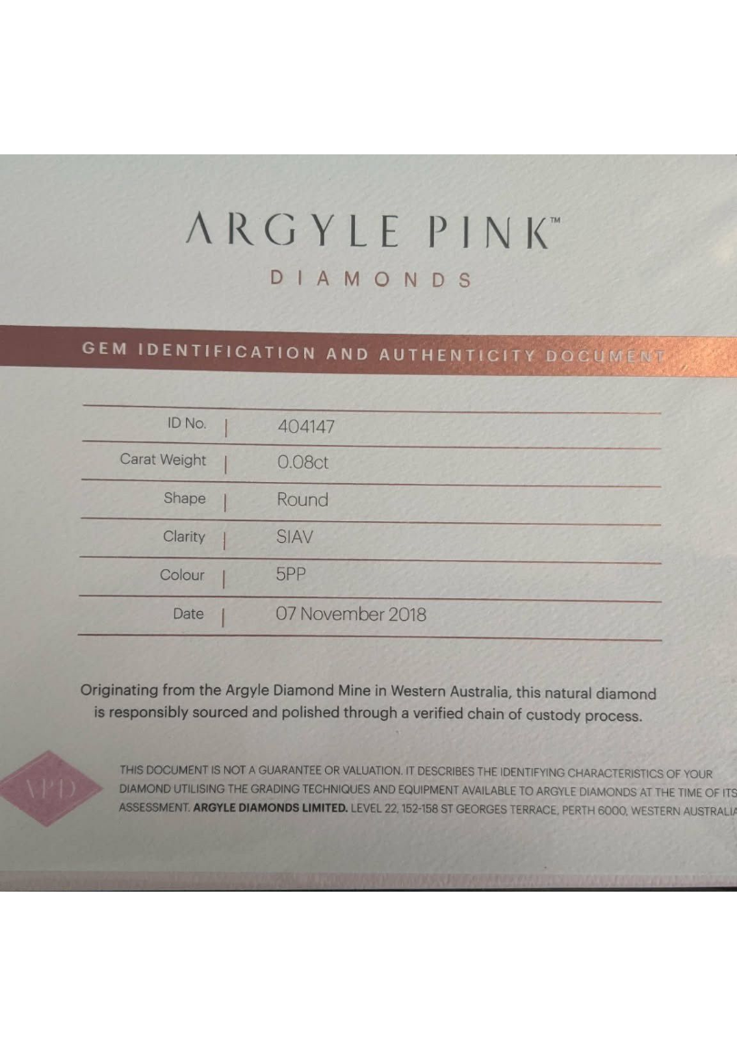 CERTIFIED ARGYLE Round Diamond 0.08ct 5PP SIAV