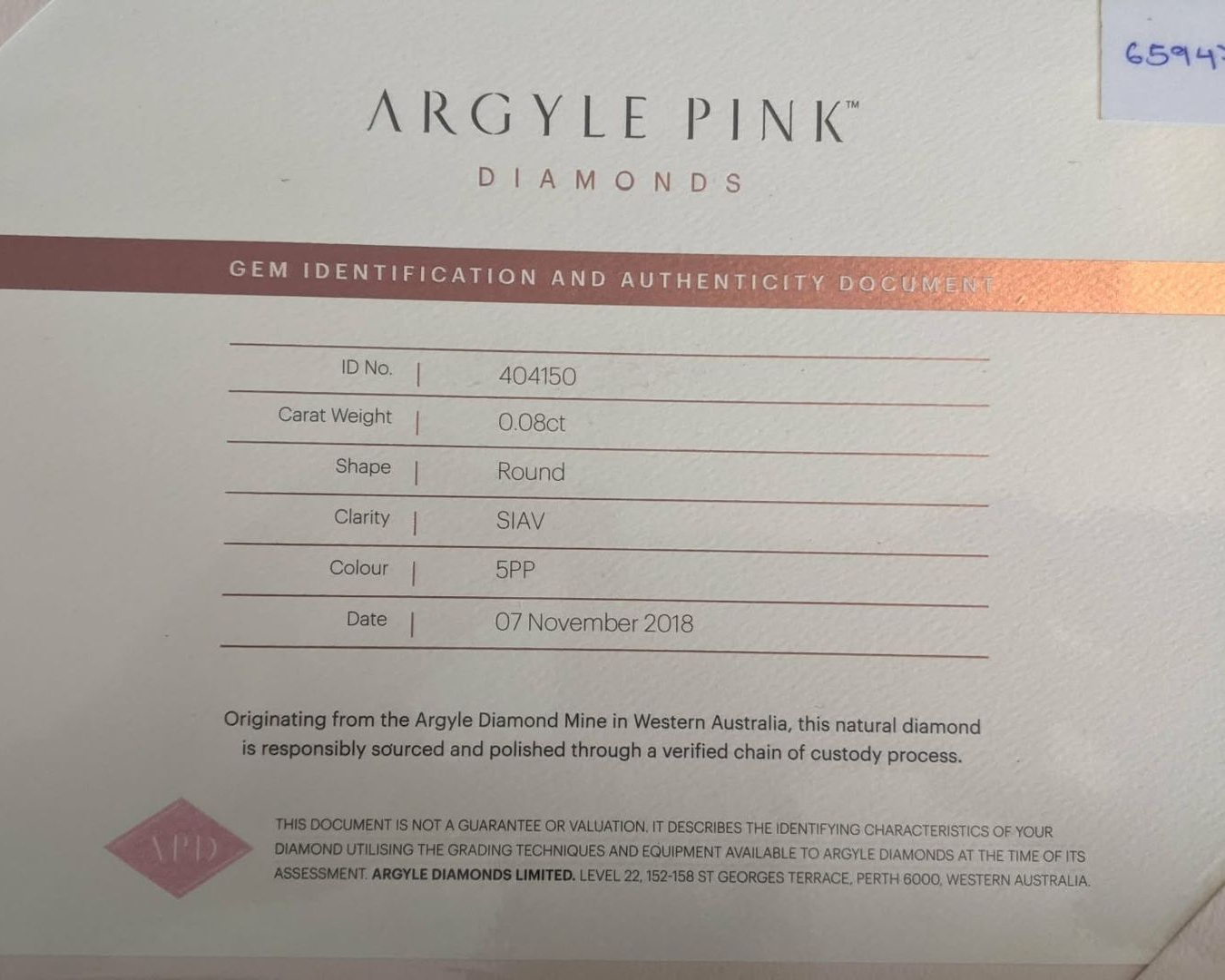 CERTIFIED ARGYLE Round Diamond 0.08ct 5PP SIAV 404150