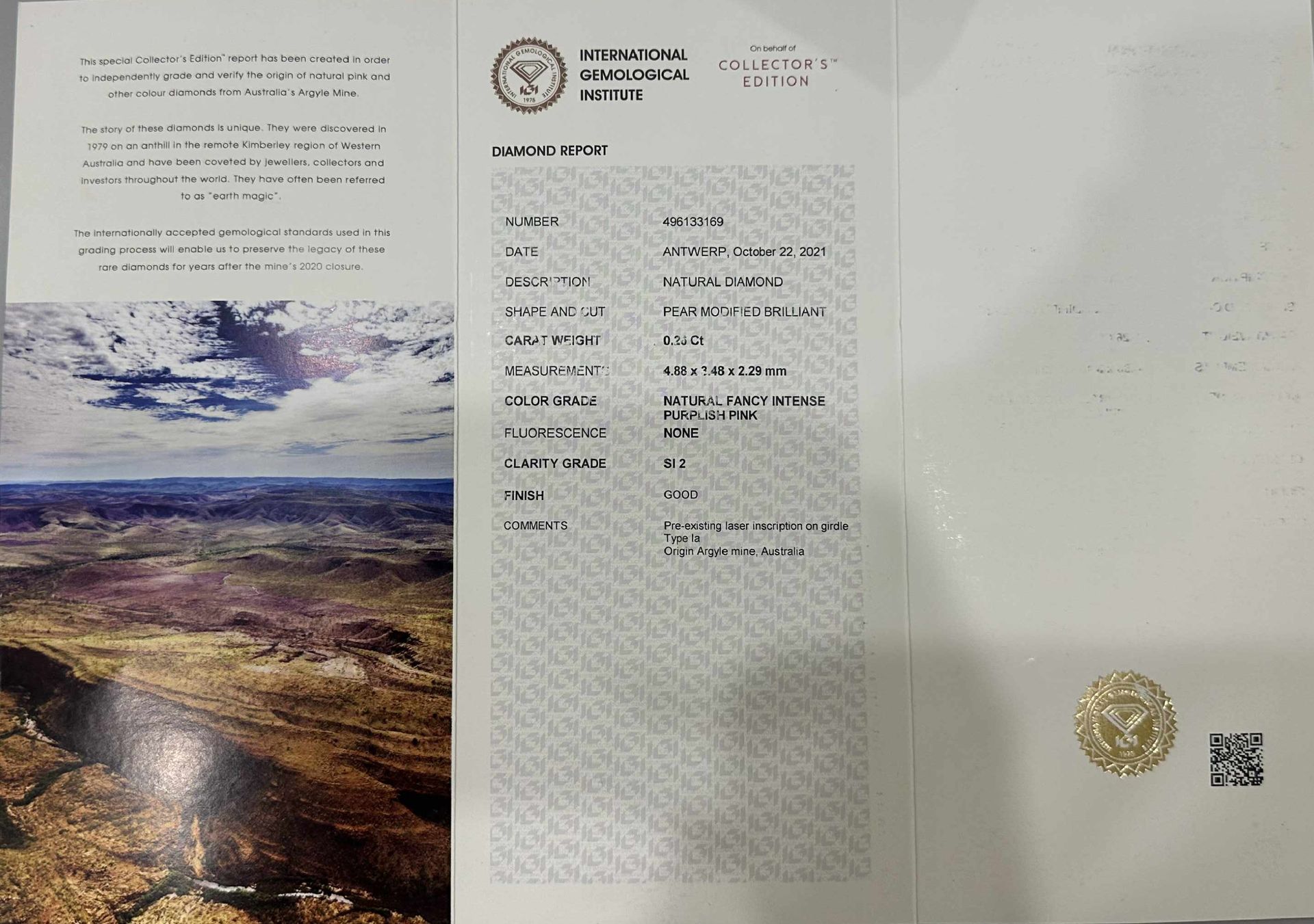 ORIGIN ARGYLE Pear Diamond 0.26ct Pink SI2