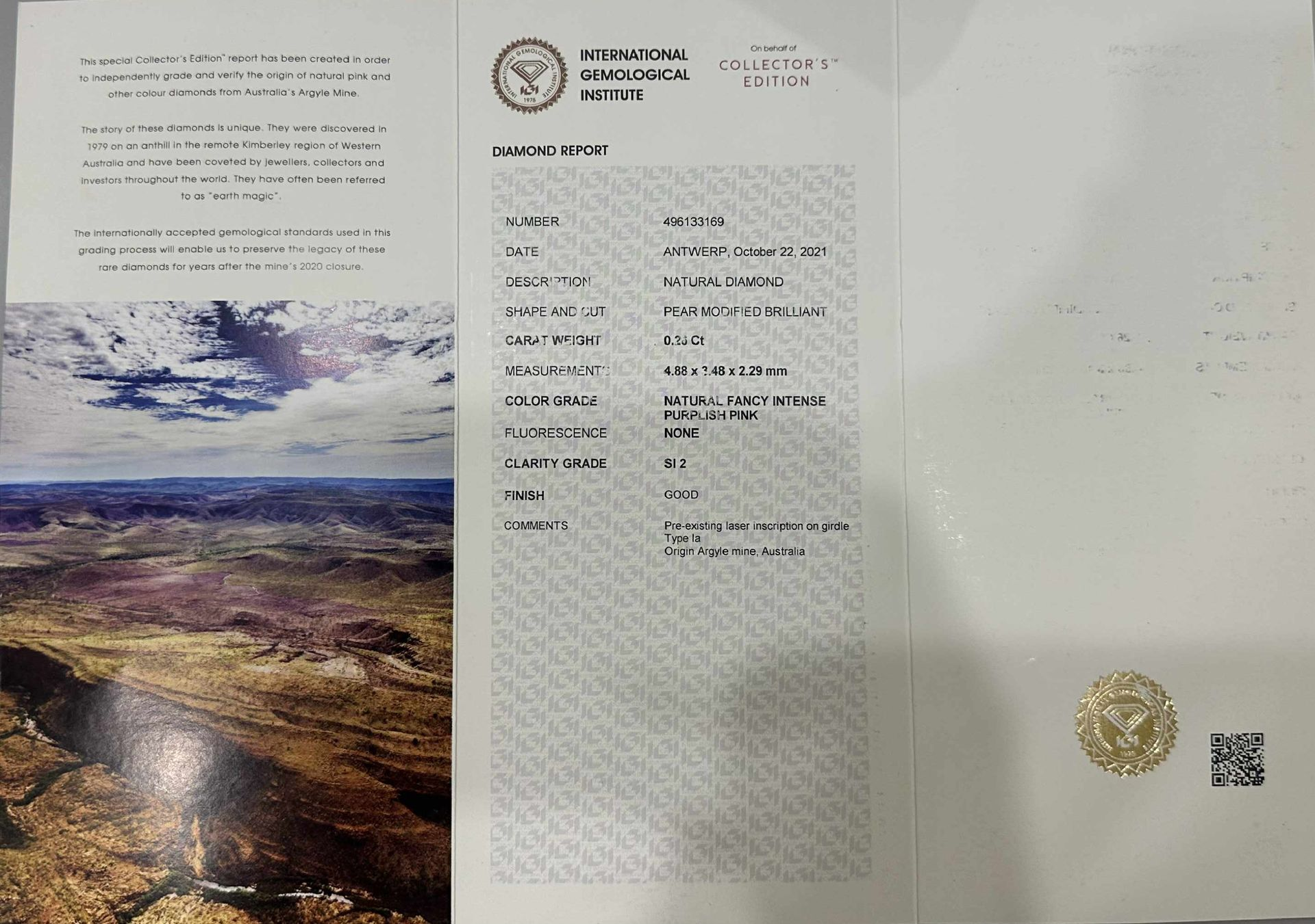 ORIGIN ARGYLE Pear Diamond 0.26ct Pink SI2 Collector's Edition