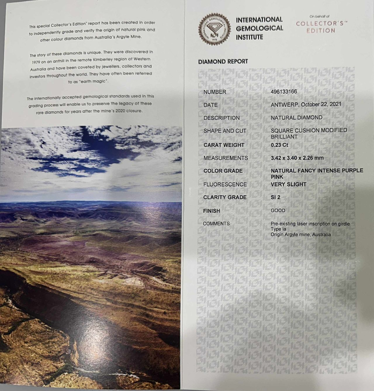 ORIGIN ARGYLE Cushion Diamond 0.23ct Pink SI2