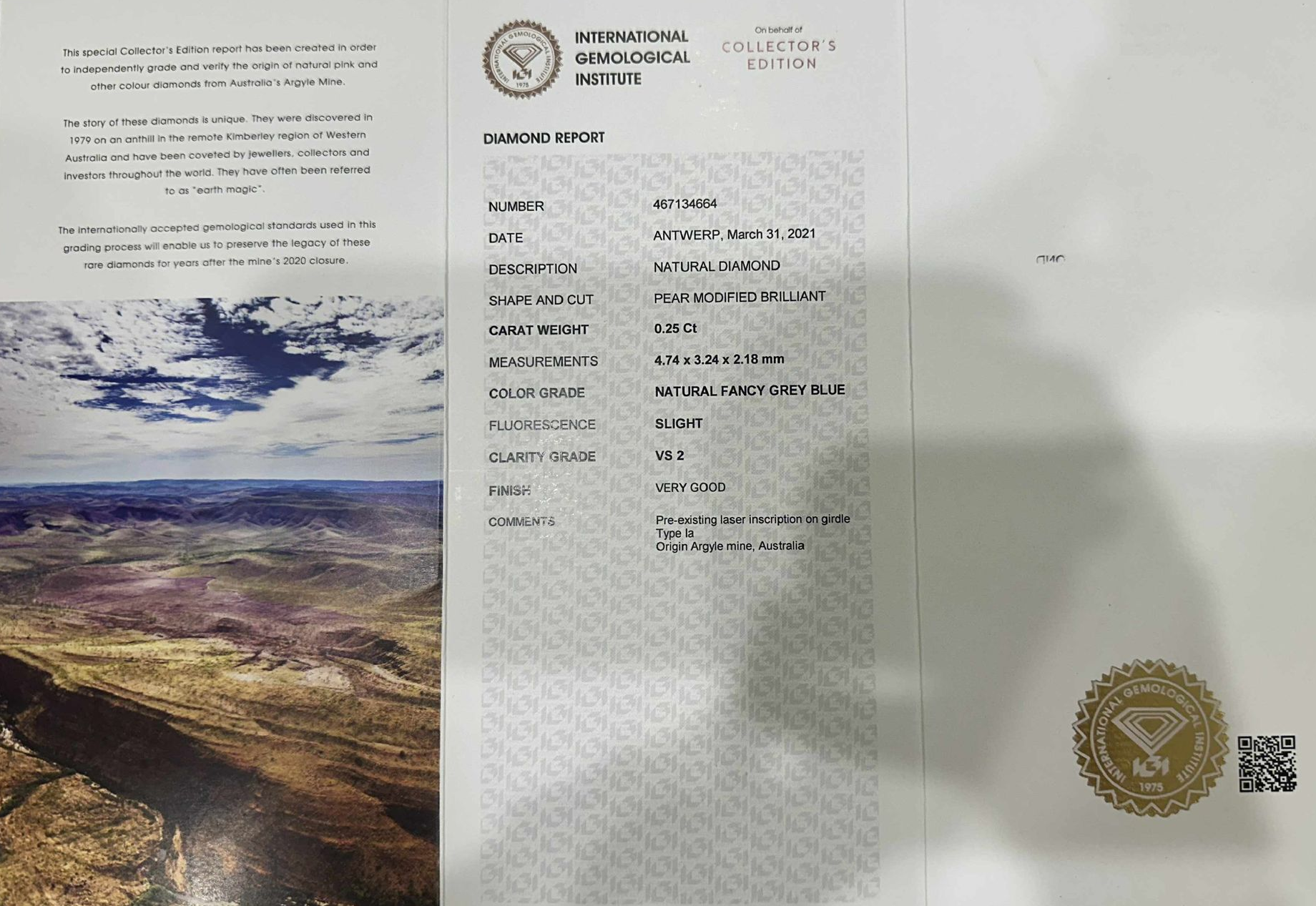 ORIGIN ARGYLE Pear Diamond 0.25ct Blue VS2 Collector's Edition