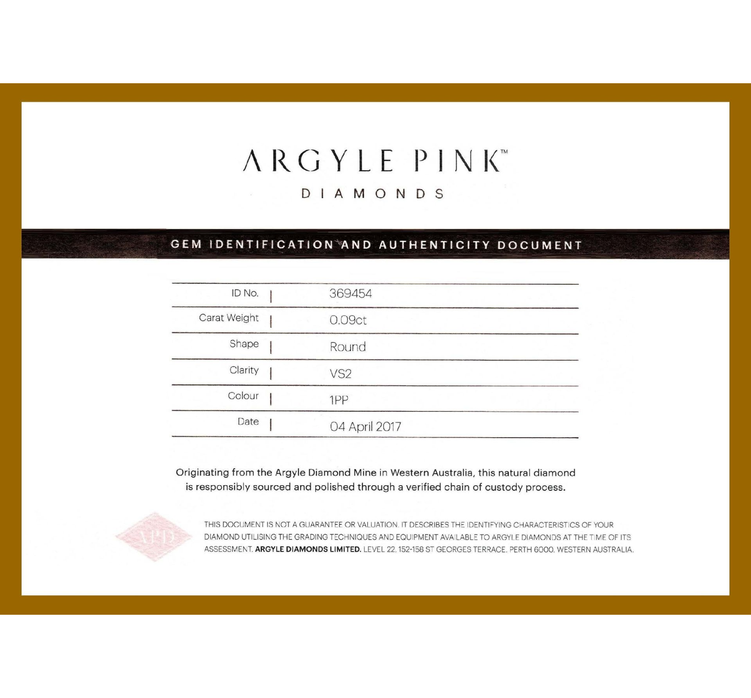 CERTIFIED ARGYLE Round Diamond 0.09ct 1PP VS2