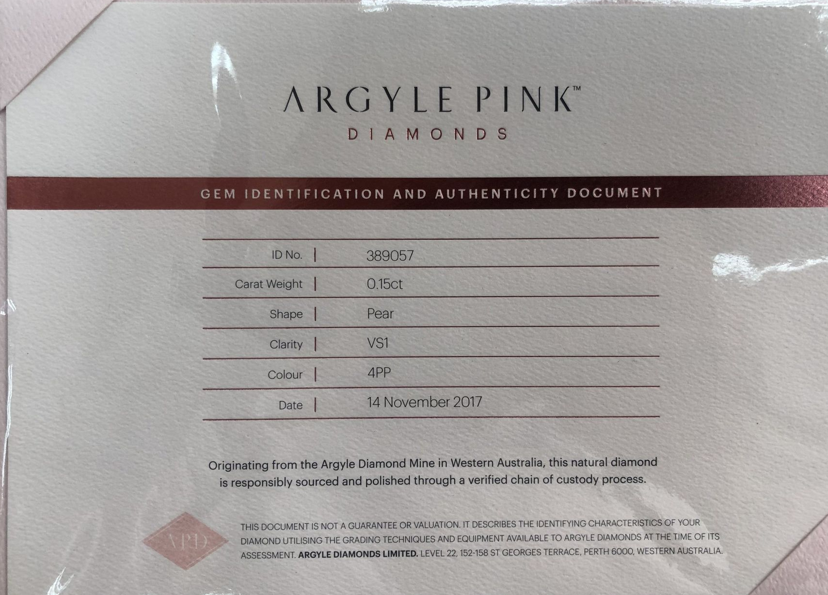 CERTIFIED ARGYLE Pear Diamond 0.15ct 4PP VS1/VVS2