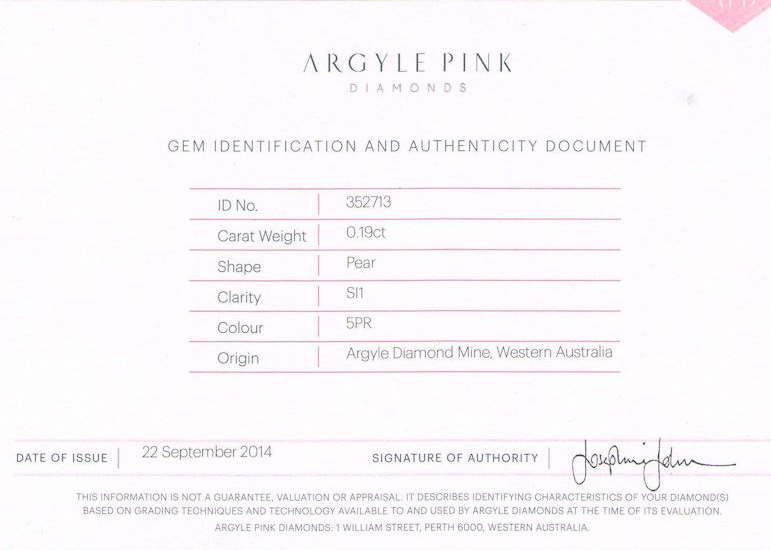 CERTIFIED ARGYLE Pear Diamond 0.19ct 5PR SI1