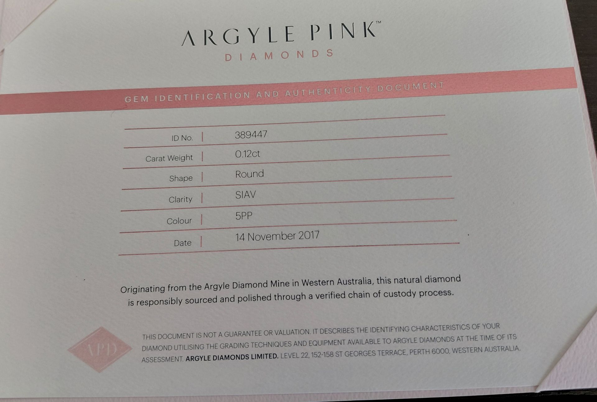 CERTIFIED ARGYLE Round Diamond 0.12ct 5PP SIAV