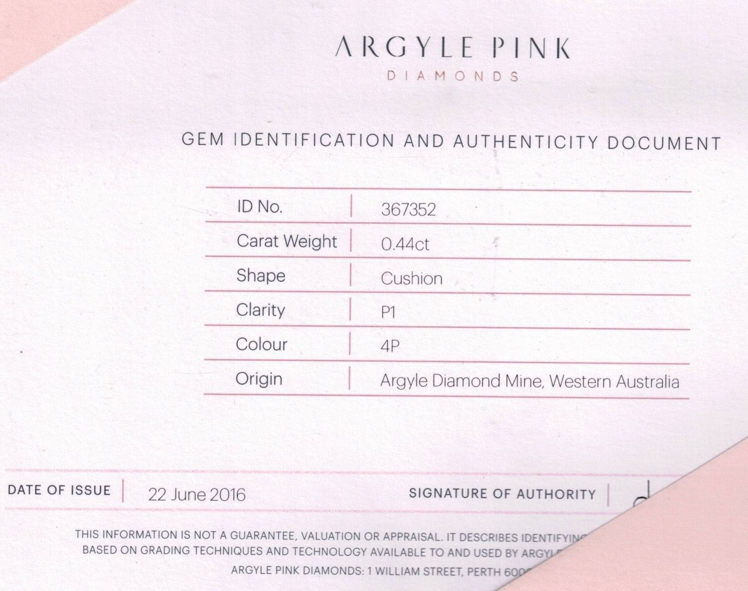 CERTIFIED ARGYLE Cushion Diamond 0.44ct 4P P1