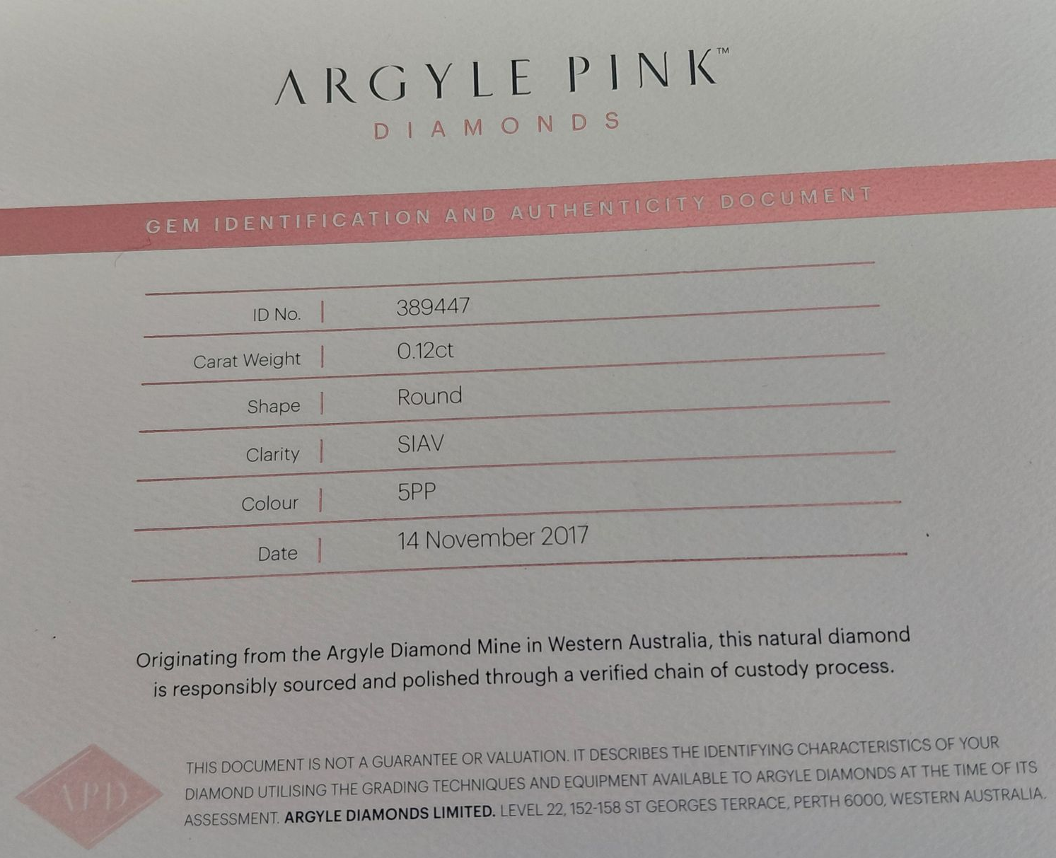 CERTIFIED ARGYLE Round Diamond 0.12ct 5PP SIAV