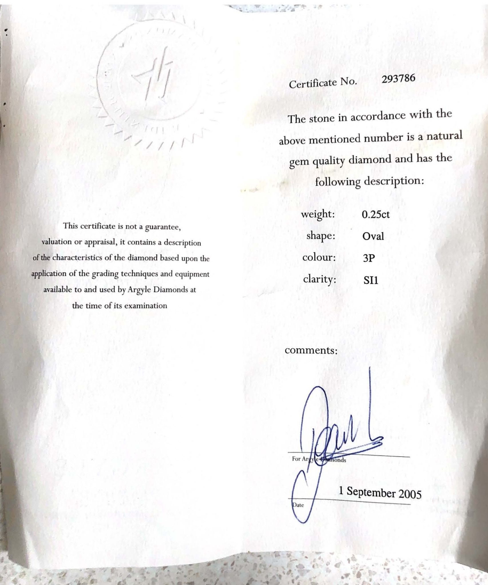 CERTIFIED ARGYLE Oval Diamond 0.25ct 3P SI1