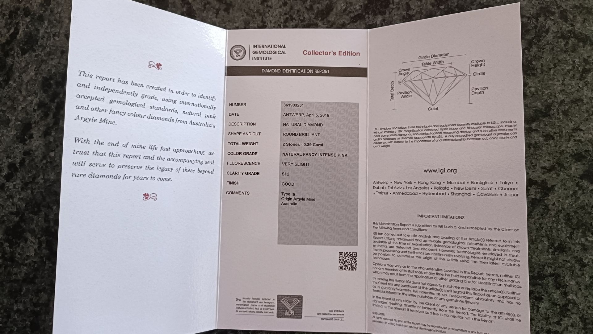 ORIGIN ARGYLE Round Diamonds 2 = 0.39CT TDW 5/6P EQ SI2