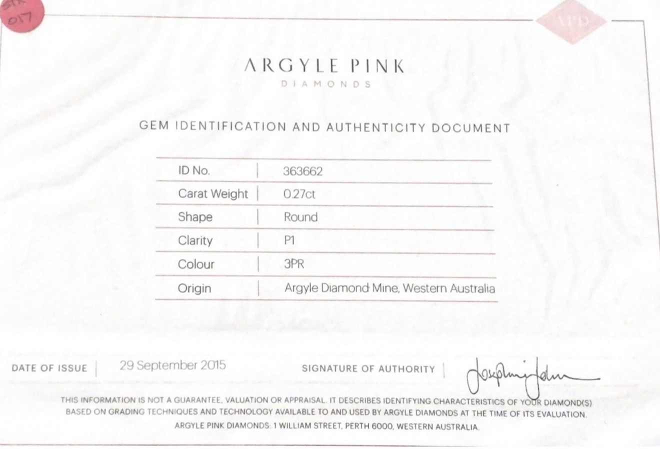 CERTIFIED ARGYLE Round Diamond 0.27ct 3PR P1