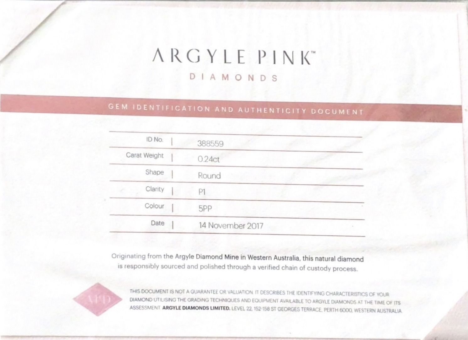 CERTIFIED ARGYLE Round Diamond 0.24ct 5PP P1