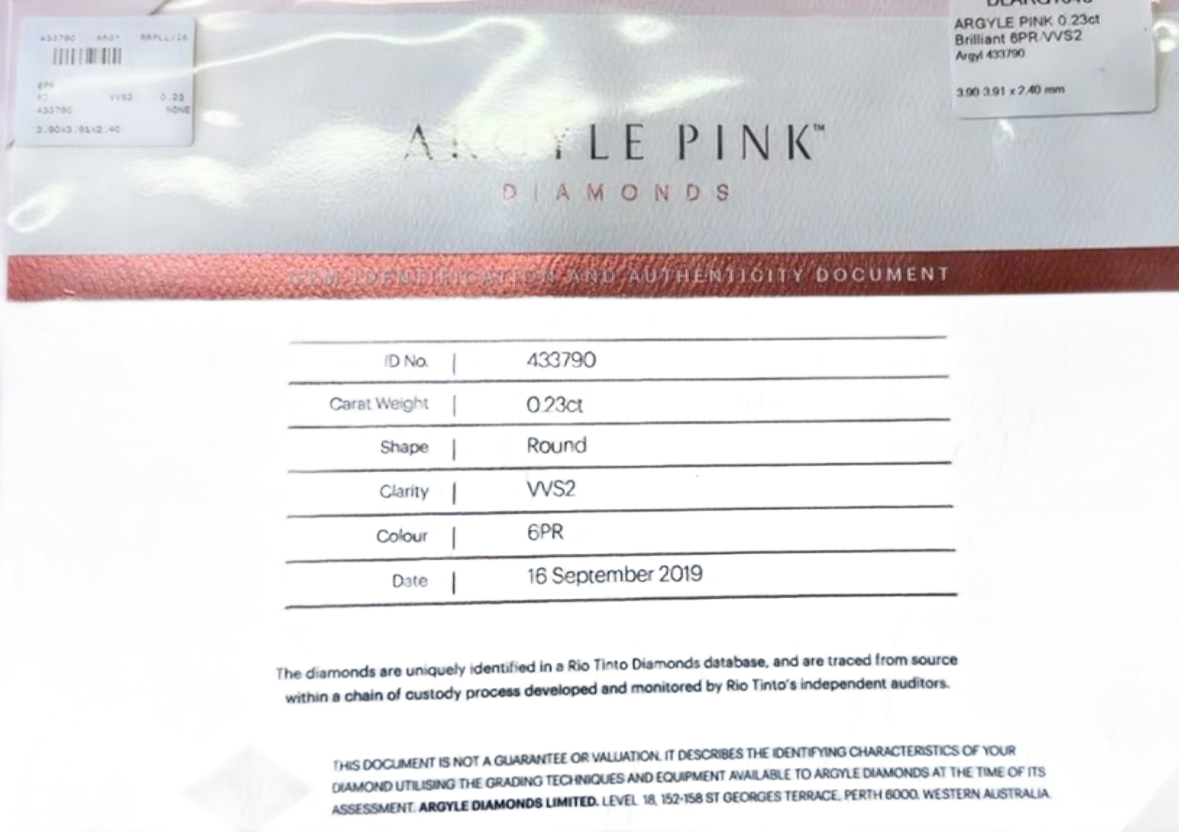 CERTIFIED ARGYLE Round Diamond 0.23ct 6PR VVS2