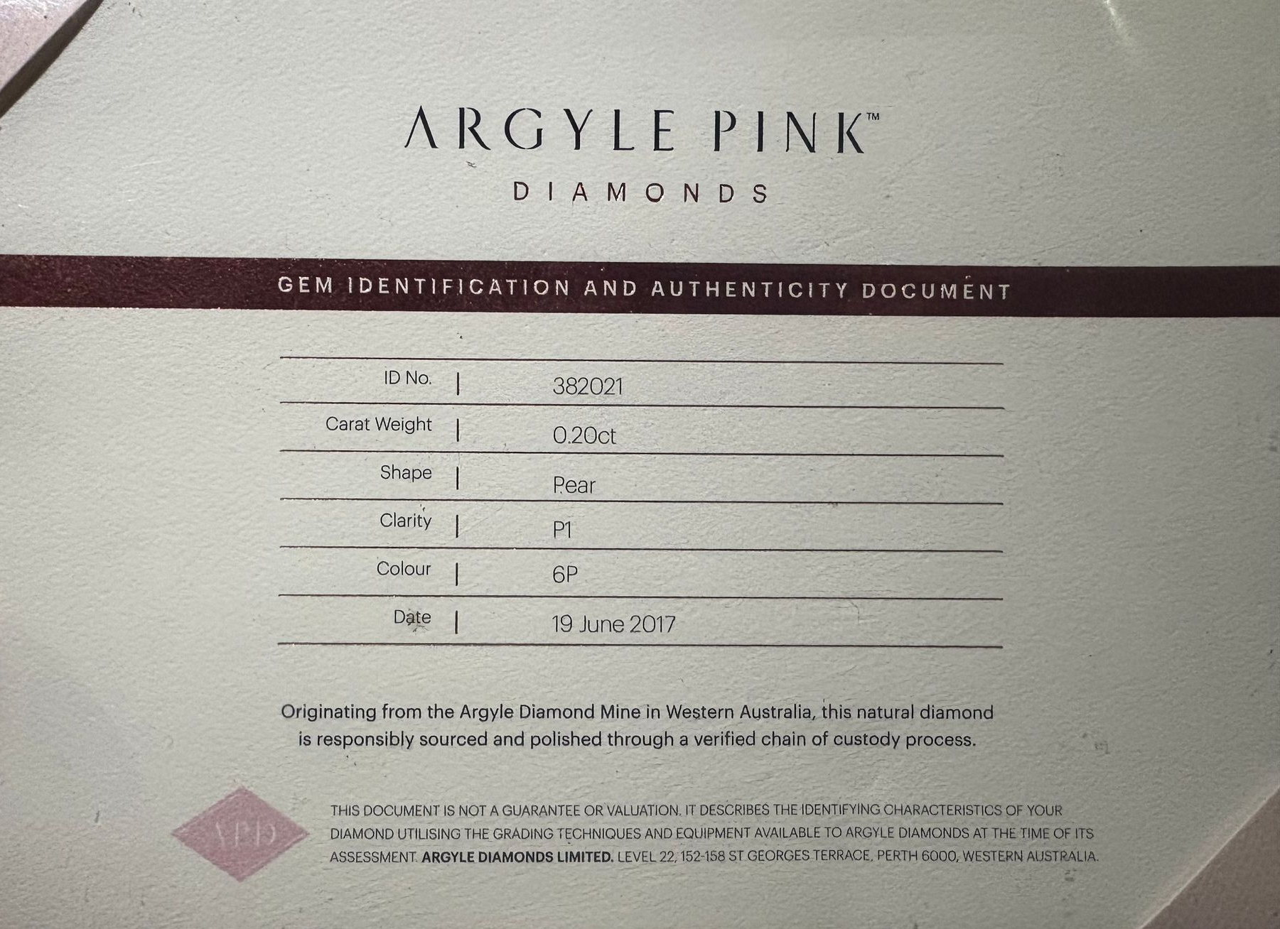 CERTIFIED ARGYLE Pear Diamond 0.20ct FIP 6P P1