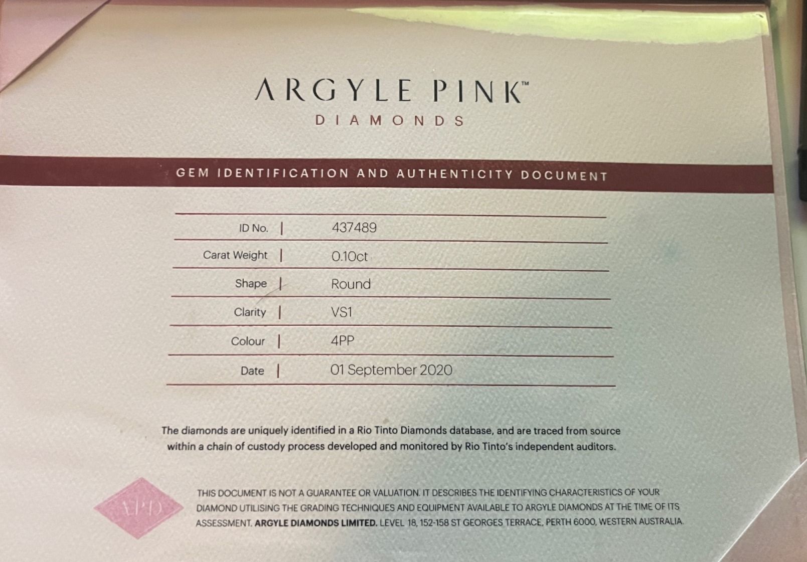 CERTIFIED ARGYLE Round Diamond 0.10ct VS1 A437489