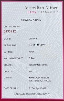 ORIGIN ARGYLE Cushion Diamond 0.44ct 6P SI1