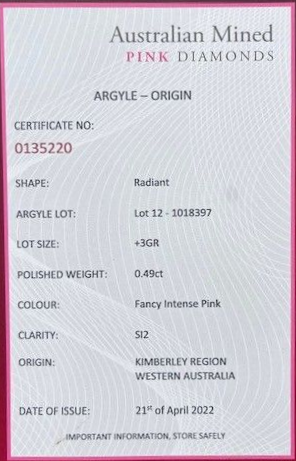 ORIGIN ARGYLE Radiant Diamond 0.49ct 6PP SI2