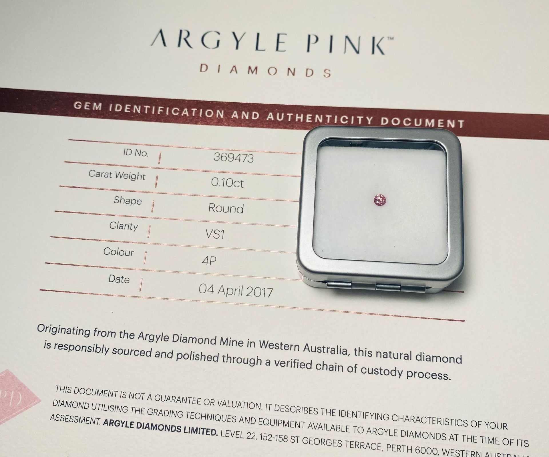 CERTIFIED ARGYLE Round Diamond 0.10ct 4P VS1