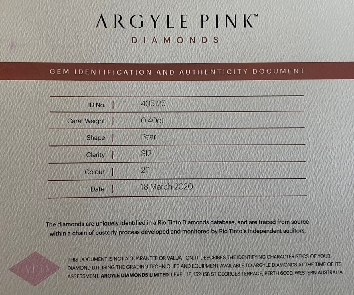 CERTIFIED ARGYLE Pear 0.40ct 2P SI2