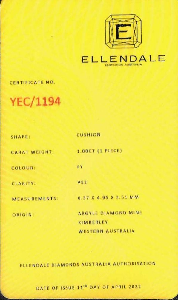 ORIGIN ARGYLE Cushion Diamond Yellow 1.01ct VS1
