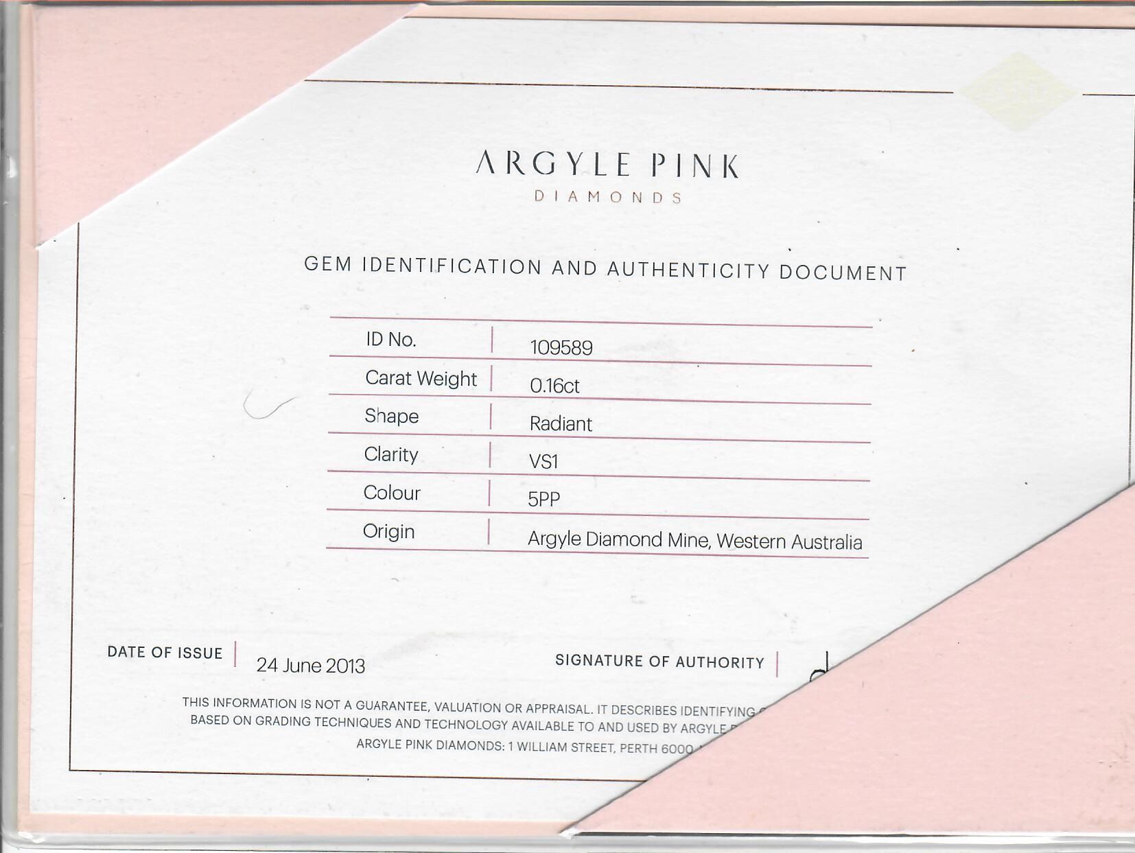 CERTIFIED ARGYLE Radiant 0.16ct 5PP VS1/VVS2