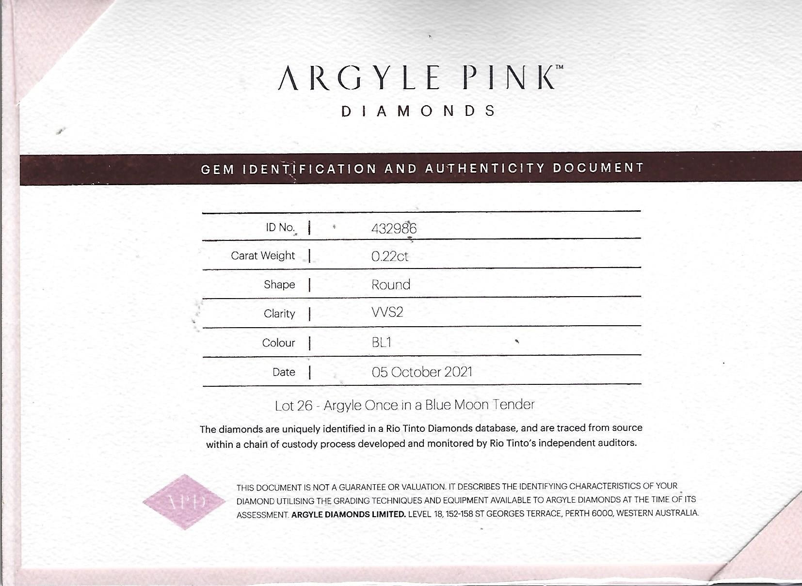 CERTIFIED ARGYLE Round Diamond 0.22ct BL1 Blue Moon Tender Lot 26 VVS2