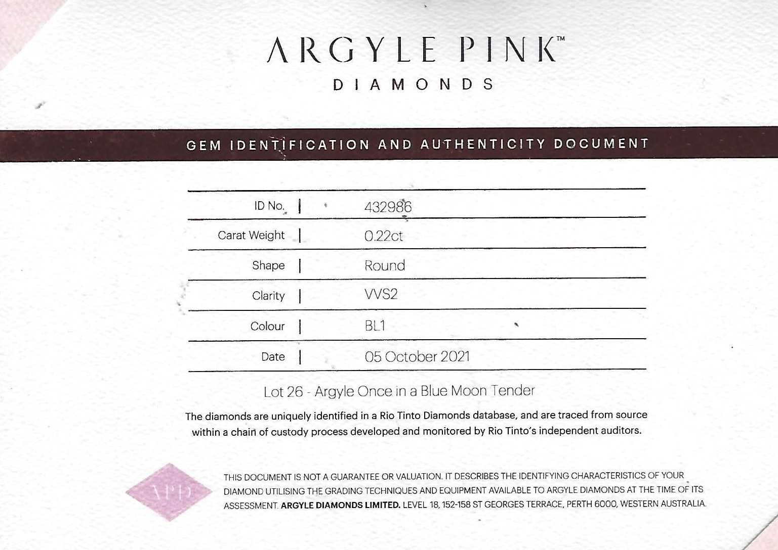 CERTIFIED ARGYLE Round Diamond 0.22ct BL1 Blue Moon Tender Lot 26 VVS2