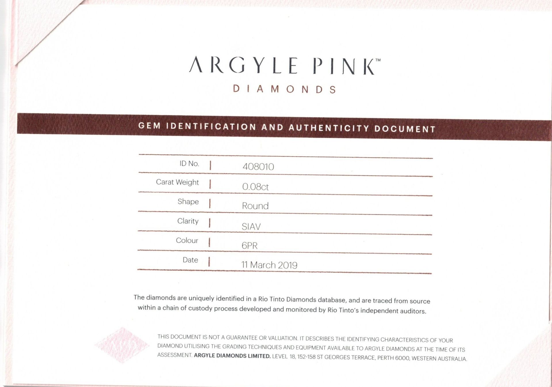 CERTIFIED ARGYLE Round Diamond 0.08ct SIAV 408010