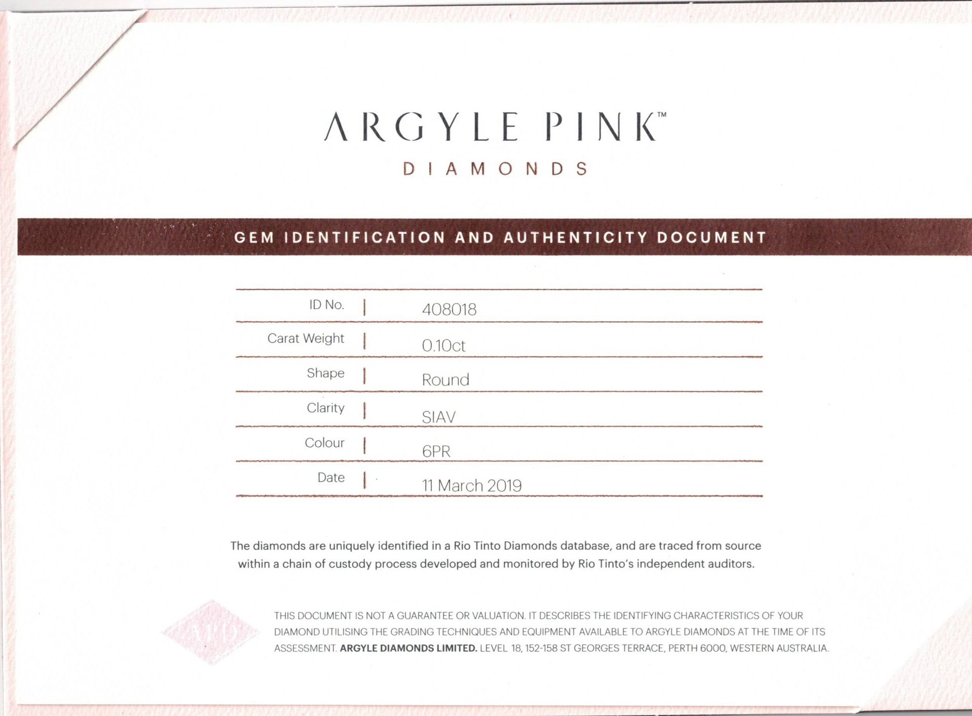 CERTIFIED ARGYLE Round Diamond 0.10ct 6PR SIAV