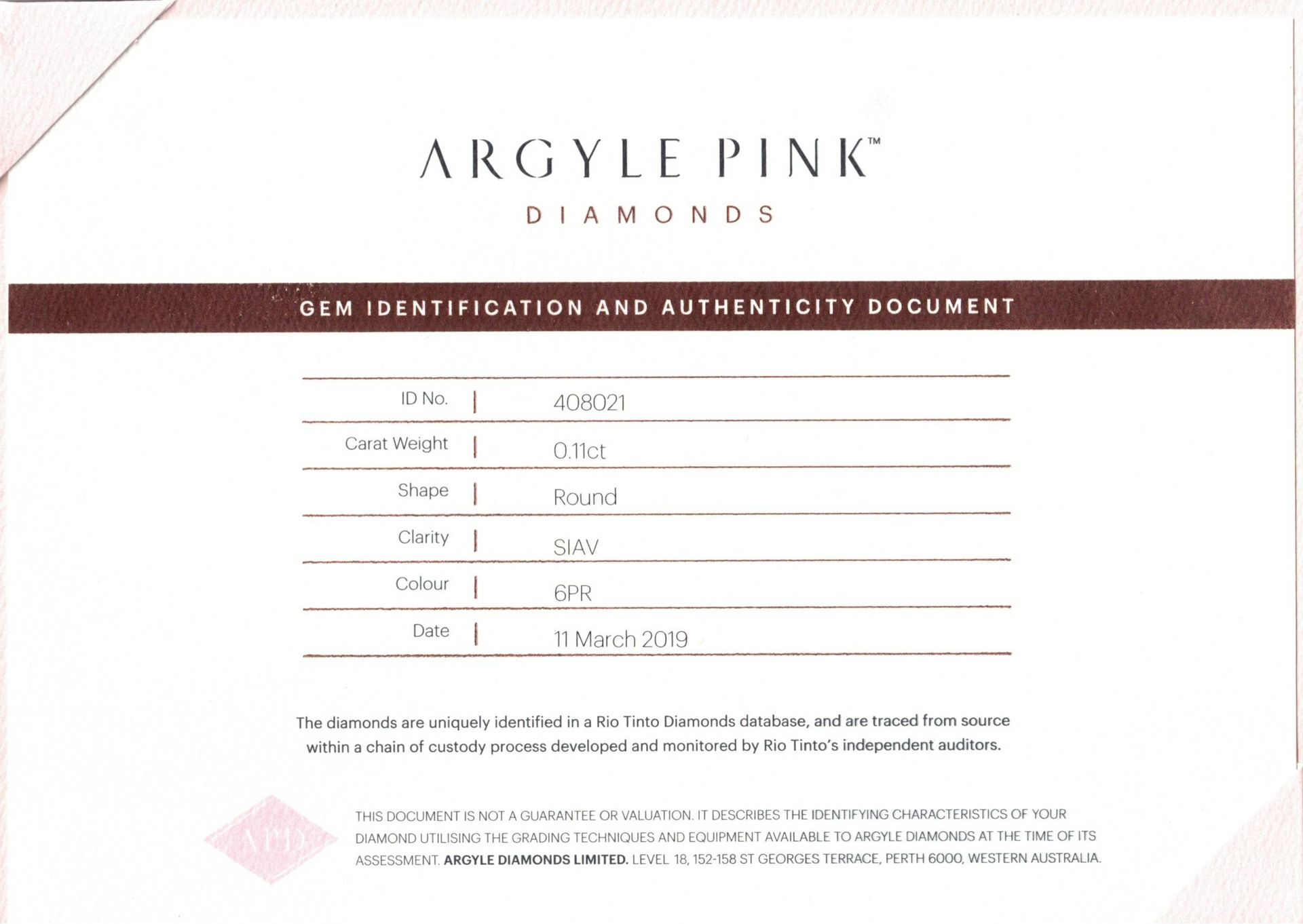 CERTIFIED ARGYLE Round Diamond 0.11ct 6PR SIAV