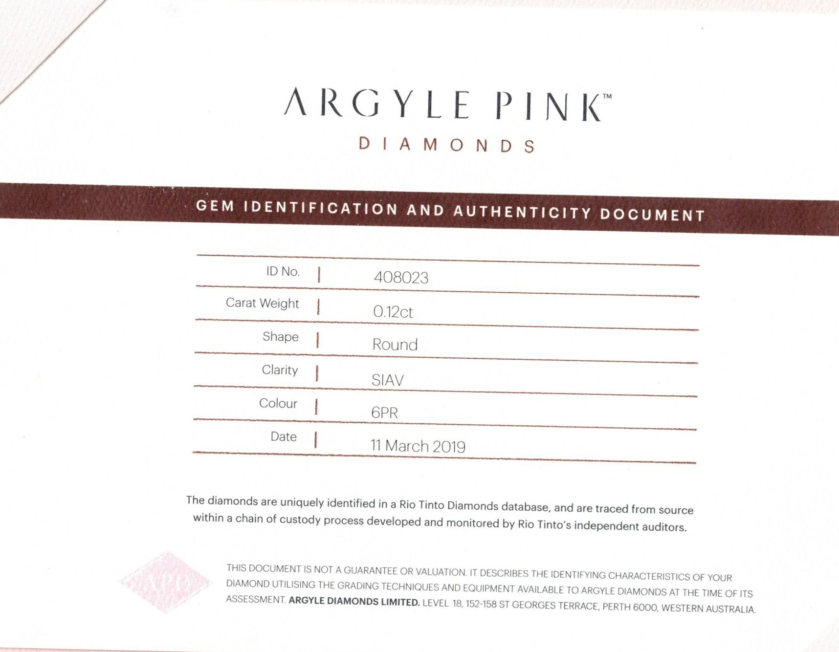 CERTIFIED ARGYLE Round Diamond 0.12ct 6PR SIAV