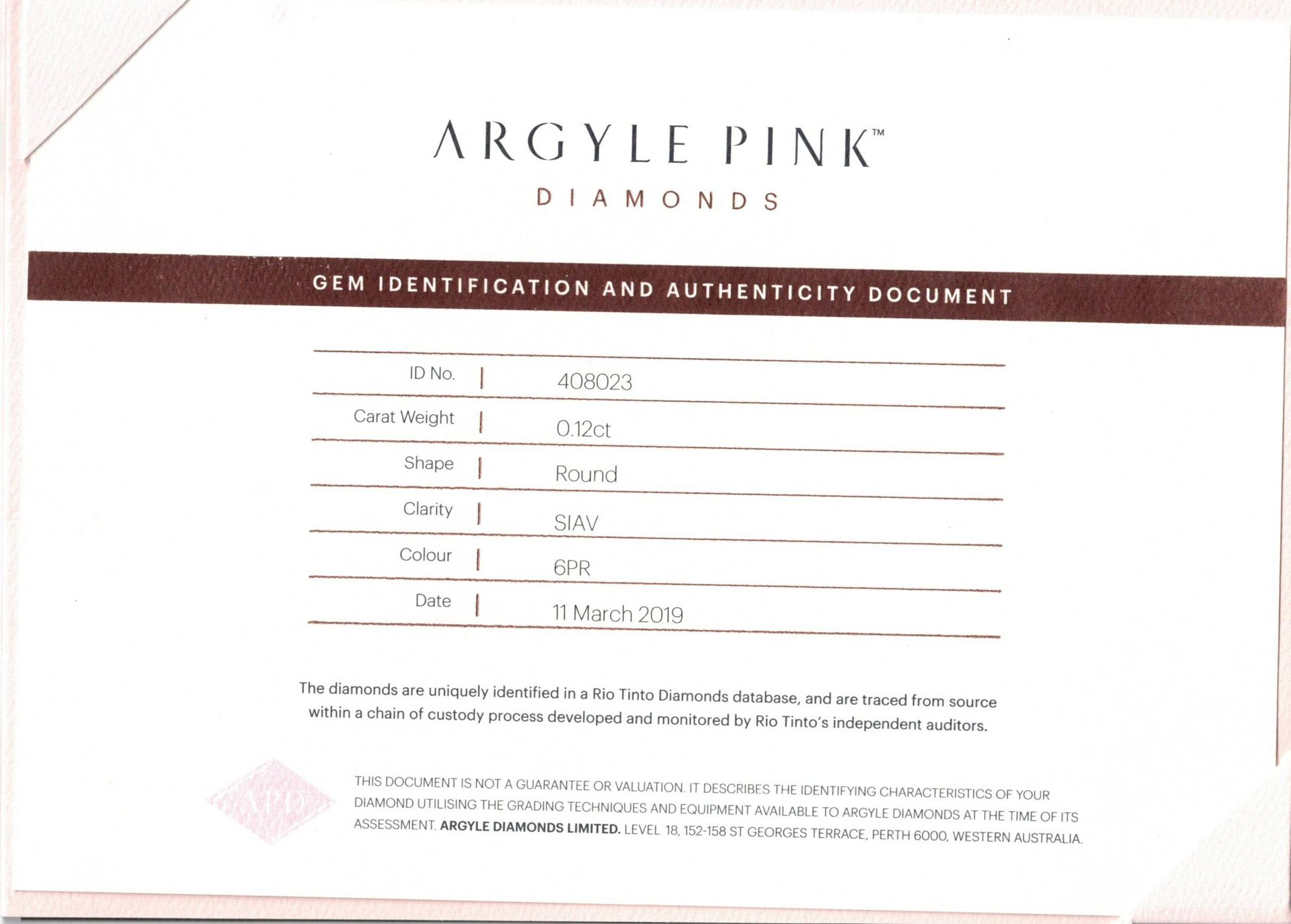 CERTIFIED ARGYLE Round Diamond 0.12ct 6PR SIAV