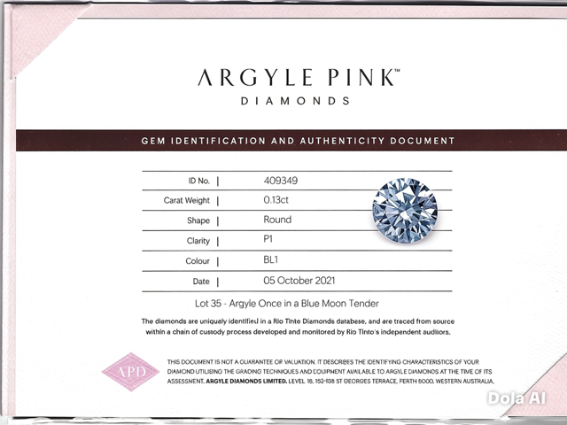 CERTIFIED ARGYLE Round Diamond 0.13ct BL1 P1 Blue Moon Tender Lot: 35