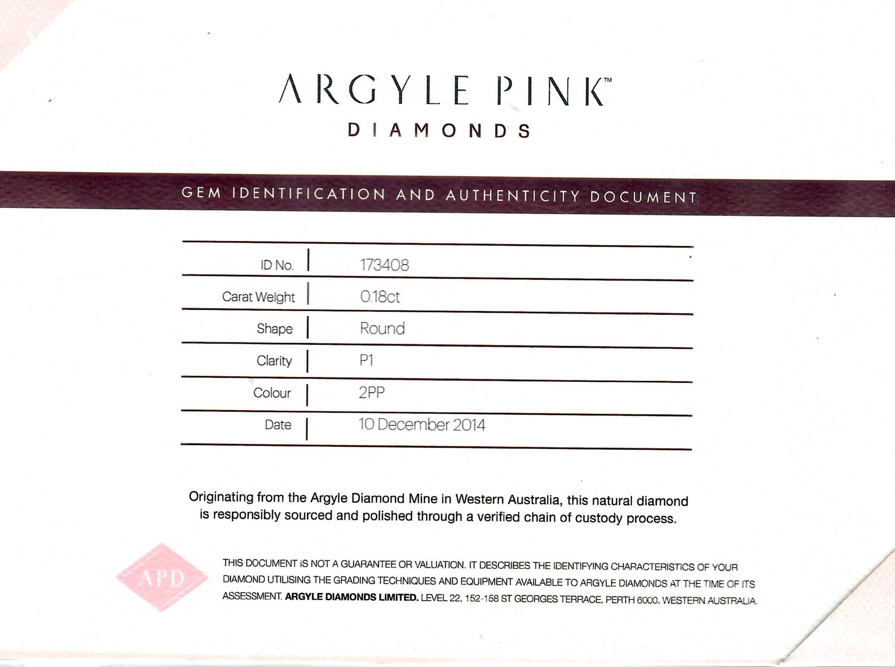 CERTIFIED ARGYLE Round Diamond 0.18ct 2PP P1