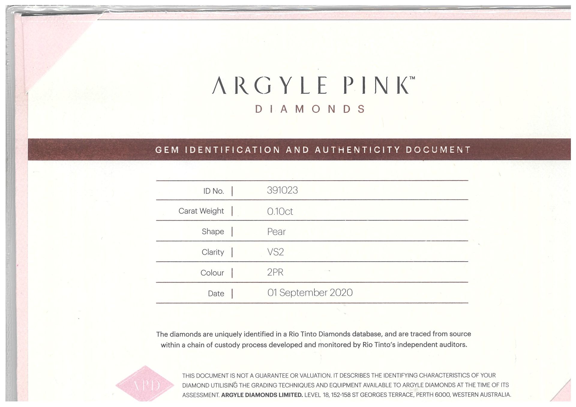 CERTIFIED ARGYLE Pear Diamond 0.10ct 2PR VS2