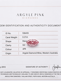 CERTIFIED ARGYLE Marquise Diamond 0.27ct 4PR SI2