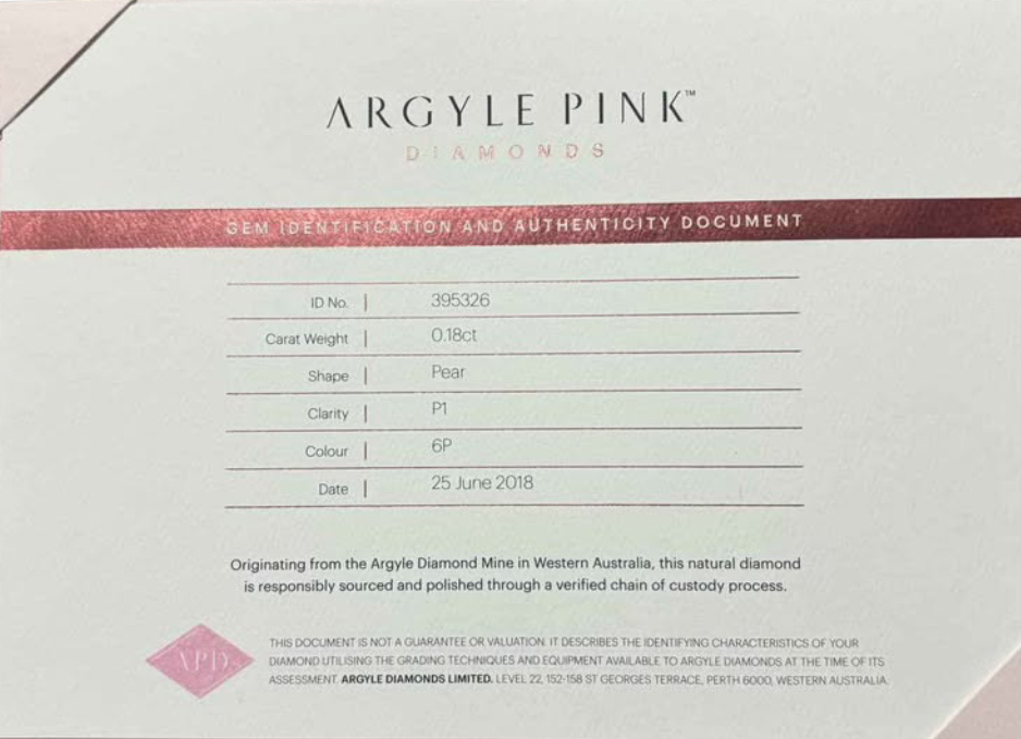 CERTIFIED ARGYLE Pear Diamond 0.18ct 6P P1